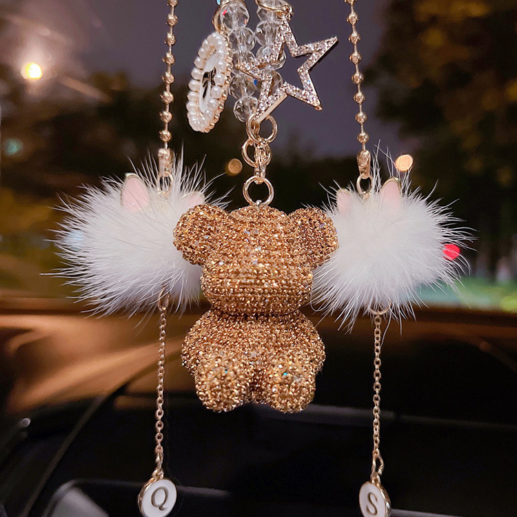Carta opcional diamante incrustado sentado oso coche colgante personalidad creativa Piel de visón coche espejo retrovisor colgante moda mujer