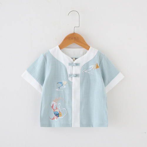 Children's Hanfu Chinese National Style Boys Tang Suit Baby First Birthday Tang Suit Zhuazhou Clothing Ancient Costume Summer Cotton Linen Set