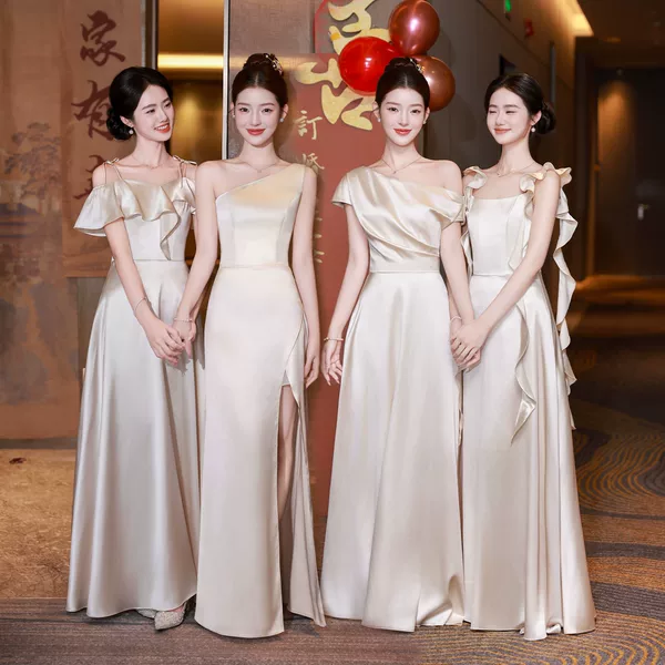 Champagne-Colored Bridesmaid Dresses, High-End Satin Wedding Bridesmaid Dresses, Bestie Sister Dresses, Suitable for Petite Women and Can Be Worn Daily