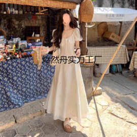 茶歇法式温柔镂空修身显瘦长裙小众漂亮短袖连衣裙女夏季新款气质