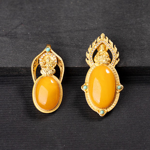 S925 Silver Plated Gold Inlaid Natural Amber Beeswax Mother Yellow God of Wealth Pendant Pendant Necklace Men's and Women's Gifts