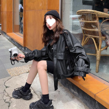 皮衣女2019秋装新款韩版宽松立领港风皮夹克皮衣皮毛一体短外套潮