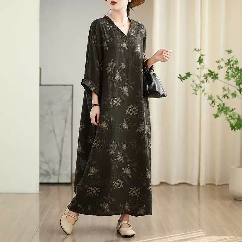 Spring dress, Korean style, plus size, V-neckline, cotton and linen
