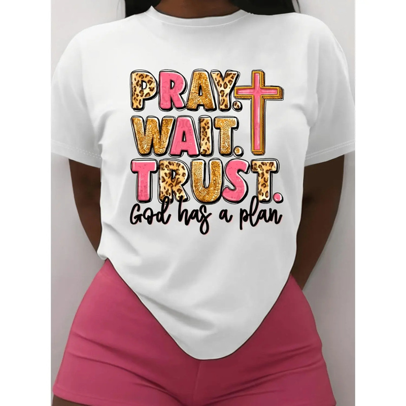 European Size Cross-Border Pure Cotton Positive Energy Inspirational Slogan Printed Short-Sleeve Women's Round Neck Loose Casual Base T-Shirt
