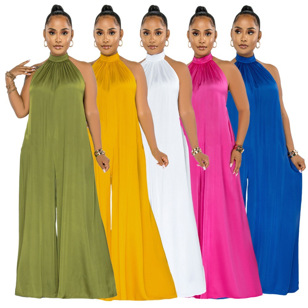 9478 European and American Cross-Border Aliexpress Pure Color Loose Elegant Casual Women's Jumpsuit