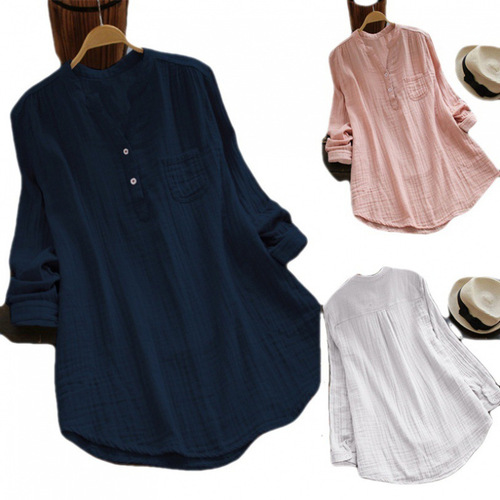 Stock large size cotton and linen long-sleeved shirt for women, European and American loose three-color foreign trade women's shirt
