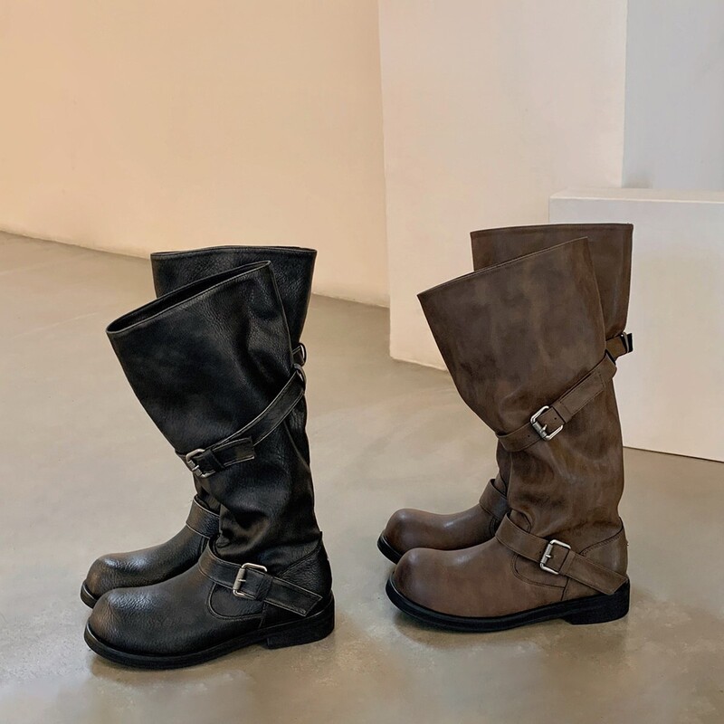 Cowhide Version of Retro Knight Boots 2025 Winter New Style Internet Celebrity Belt Buckle Pile Boots Thick-Soled Trouser Boots for Women