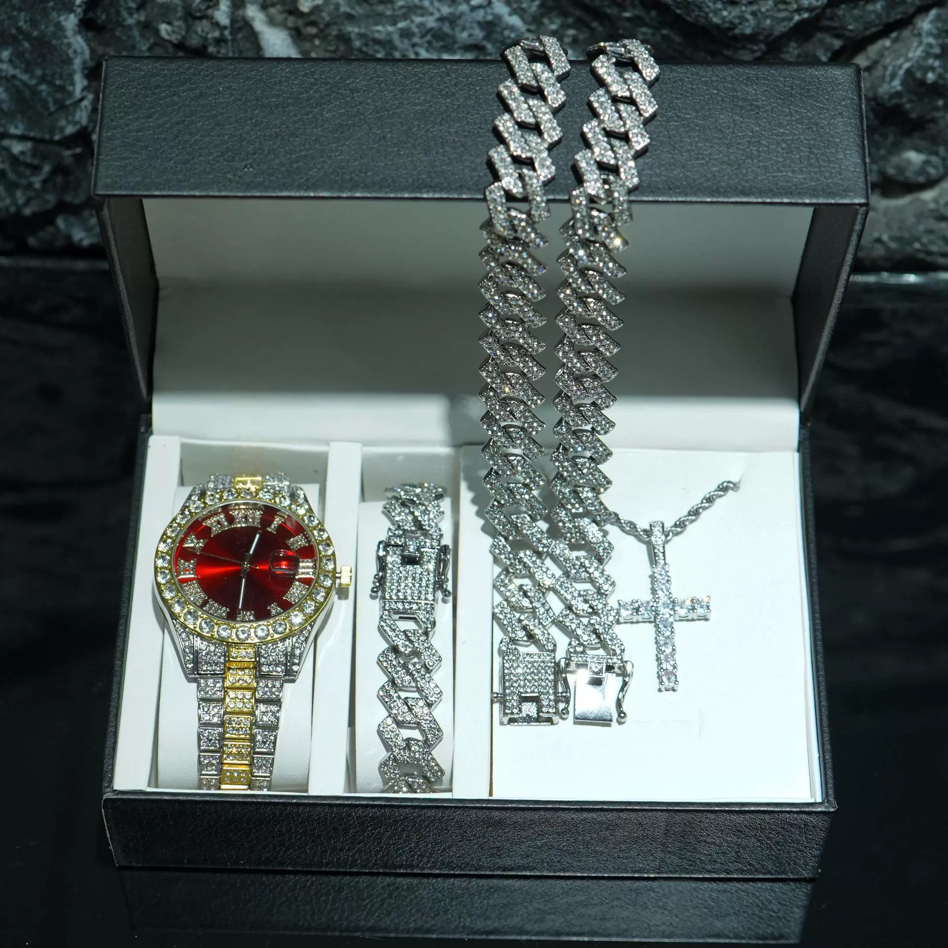 Men's fashionable universal necklace and bracelet, swiss watch, set, gift box, European style, 15mm