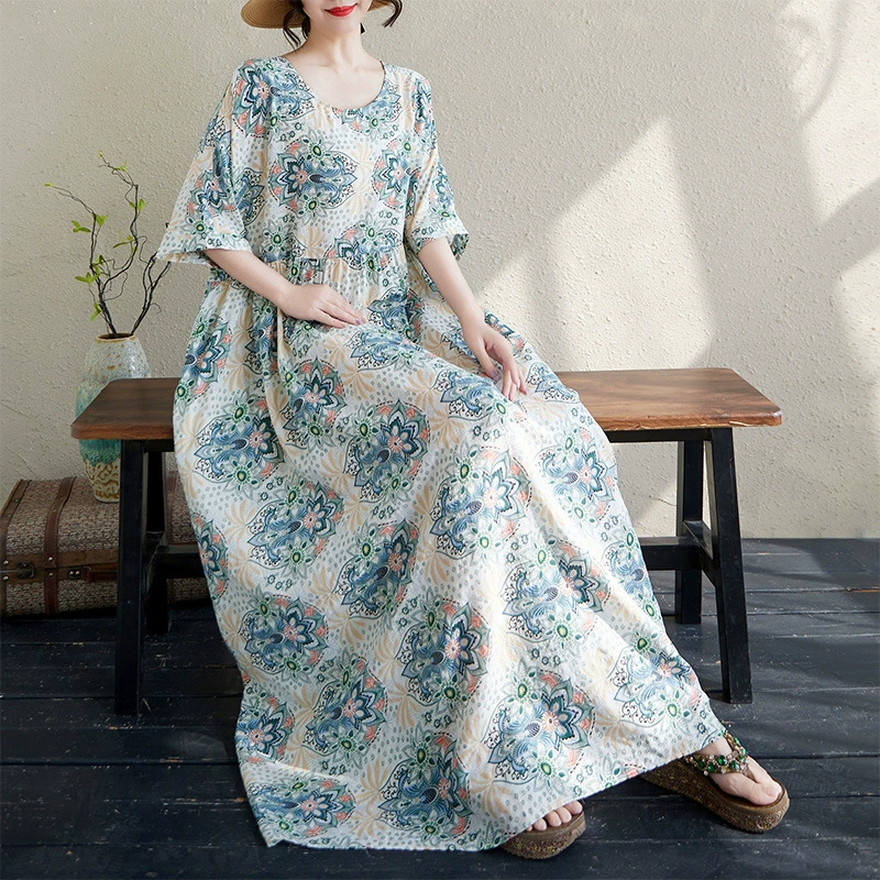 Летнее длинное платье, oversize, плюс размер, хлопок и лён, круглый ворот
