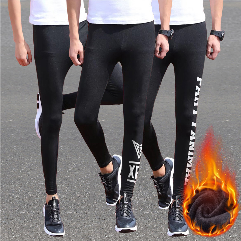 2024 autumn and winter fleece-lined warm pants men's leggings tight teenagers students simple sports casual pants