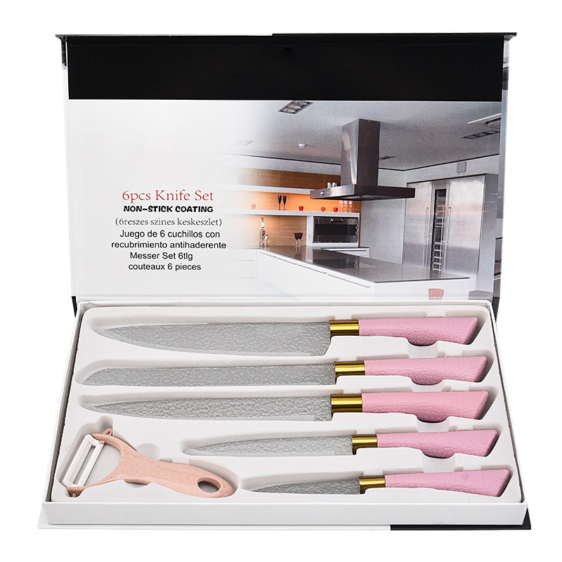 En stock al por mayor galvanoplastia herradura mango martillo patrón combinación cocina vegetal corte carne seis piezas traje de cuchillo de acero inoxidable