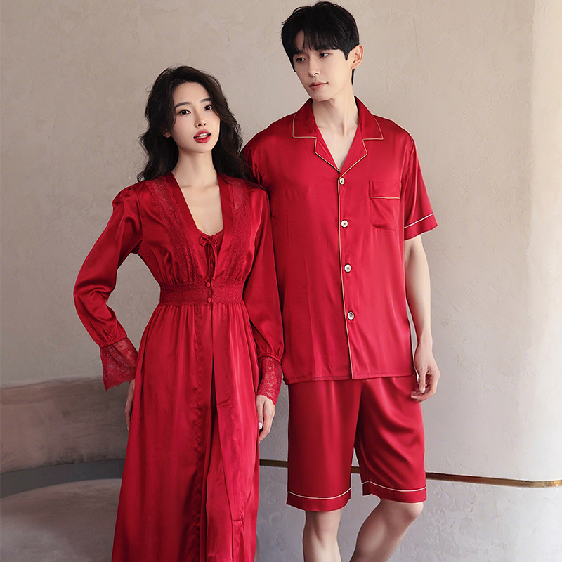 Couple Wedding Pajamas Women's Summer Suspender Breast Pad Nightgown Bride Dressing Gown Two-Piece Set Men's Short-Sleeved Shorts Suit Wholesale Couple Wedding Pajamas Women's Summer Suspender Breast Pad Nightgown Bride Dressing Gown Two-Piece Set Men's Short-Sleeved Shorts Suit Wholesale