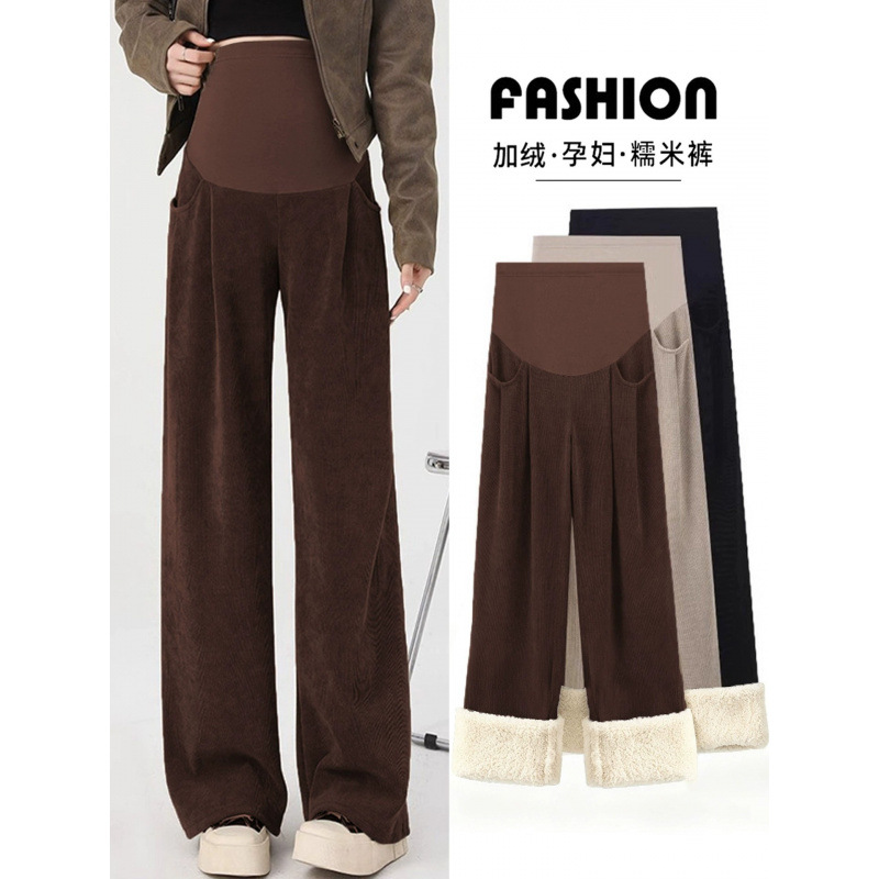 Maternity Wide-Leg Pants Autumn and Winter New Casual Pants Plus Size for Pregnant Women, Fleece-Lined Thick Straight-Leg Long Pants for Outdoor Wear