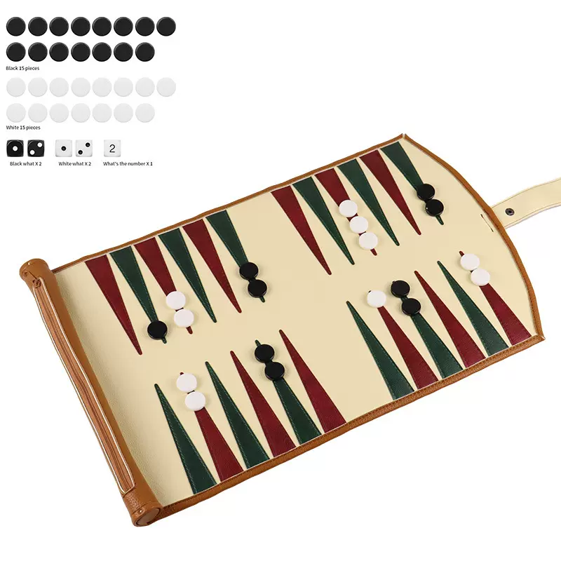 一款PU皮面卷式扣带双陆棋盘套装定制LOGO 配黑白棋子和骰子