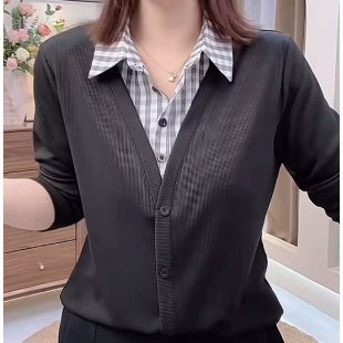 一件代发直播爆款2025春秋衬衫翻领女士拼接长袖T恤女假两件上衣|undefined