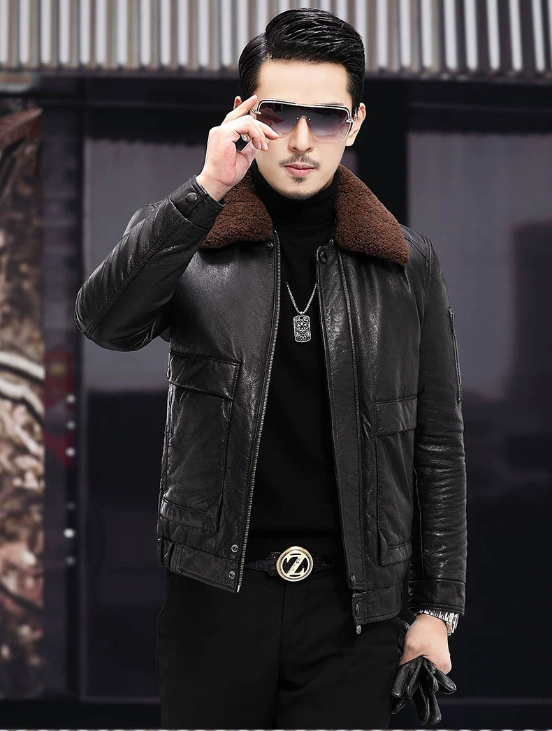 Keep warm leather woolen velvet down jacket, cowhide, goose down