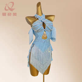 拉丁舞服新款少儿流苏裙女童表演服比赛服儿童花服艺考成人演出钻