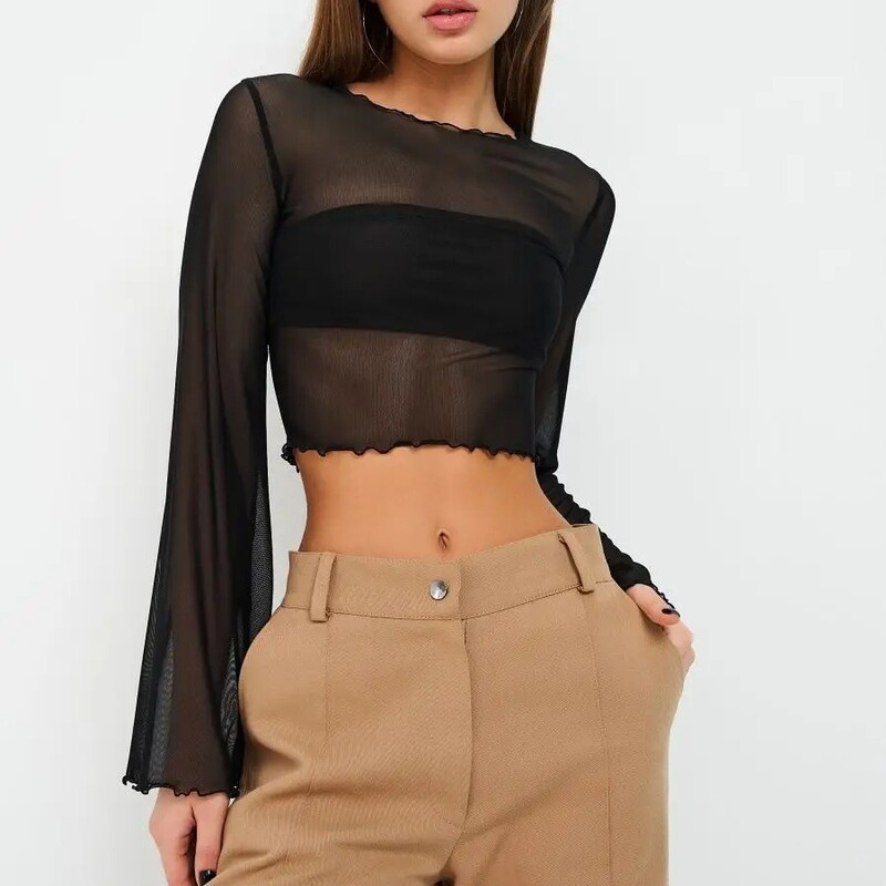 Amazon New Hot Women's Mesh Long Sleeve Base Inner Top Short Navel Mesh See-through T-shirt Women Amazon New Hot Women's Mesh Long Sleeve Base Inner Top Short Navel Mesh See-through T-shirt Women
