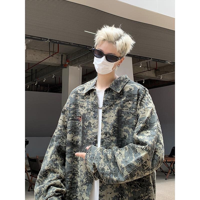 Men's camouflage tie-dye long-sleeve shirt, American-style trendy plaid casual shirt, retro and stylish loose-fit outerwear