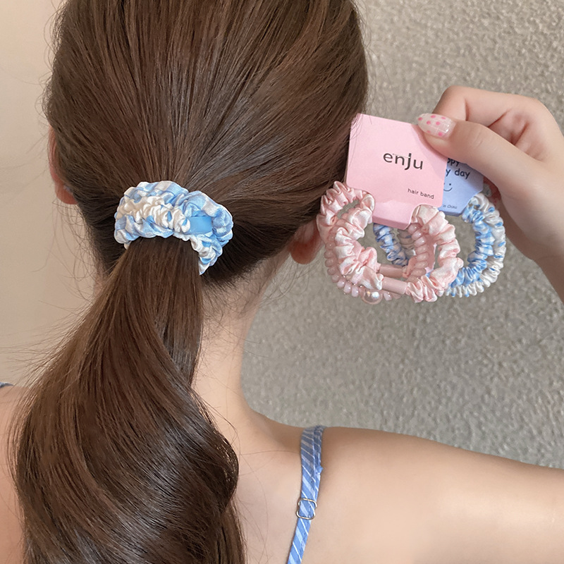 Nuevo azul ondulado punto de rejilla intestino delgado anillo de pelo de alta elasticidad cola de caballo tiras de goma de cabello duradero perilla de cabello