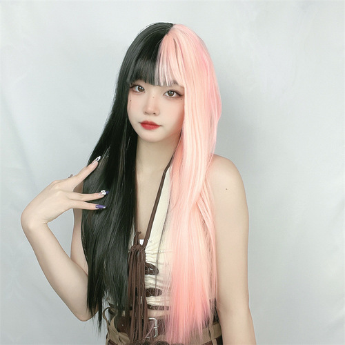 Kuaishou supply wig female air bangs long straight hair black pink color combination yin and yang color wig full headgear factory direct sale