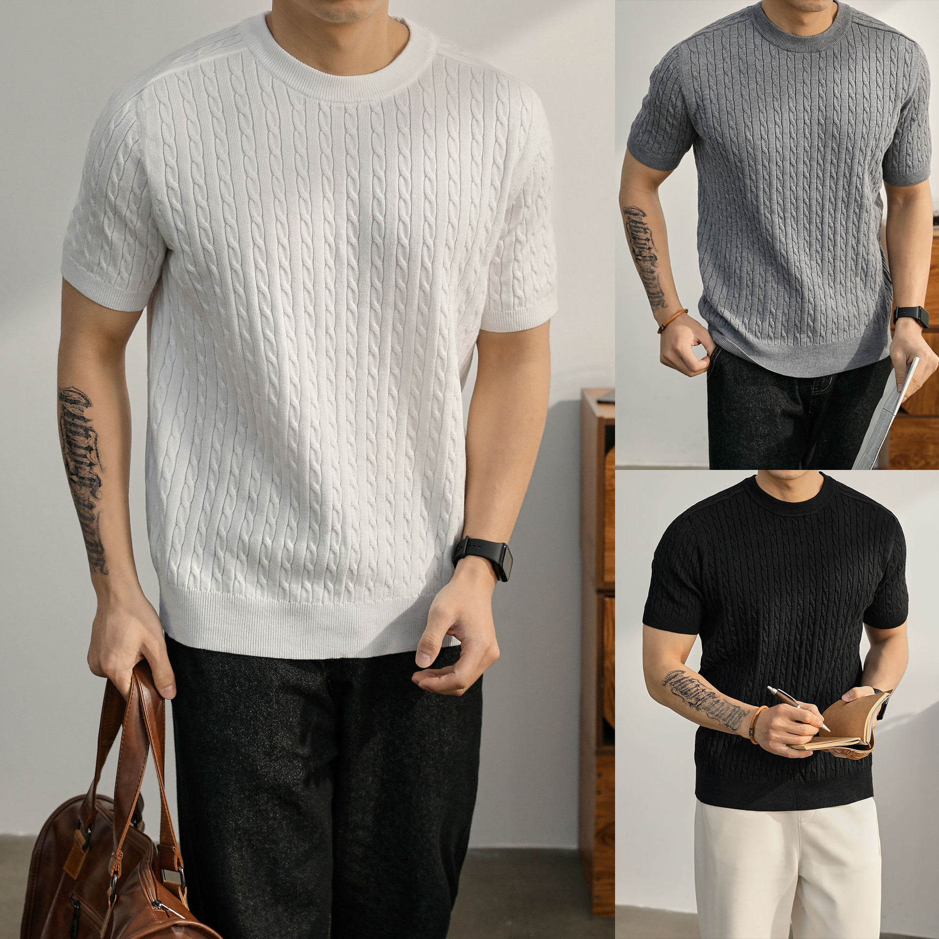 Camiseta de punto de manga corta camiseta de hombre torsión de flores verticales rayas viejas líneas de negocios de hielo de verano fábrica transfronteriza al por mayor