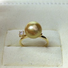 天然浓茶金色泽菲律宾南洋金珠戒指正圆镜面光无暇 18k金钻石镶嵌