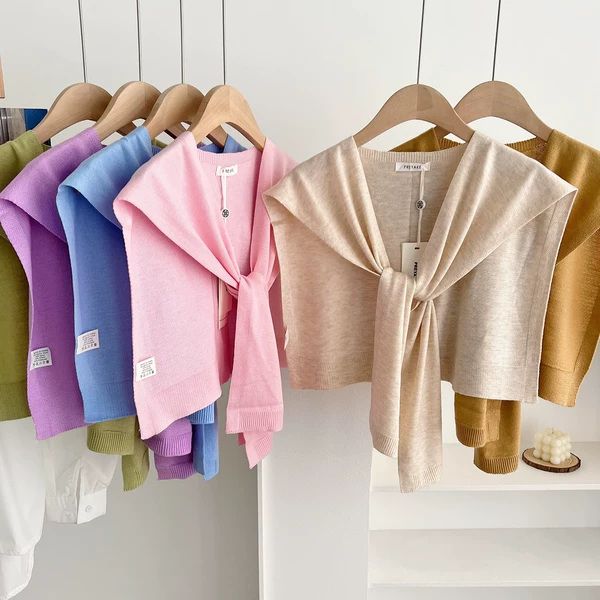 New Korean-Style Thin Wool-Blend Solid Color Knitted Shawl for Women, Versatile Outerwear for Spring and Autumn, Decorative Vest