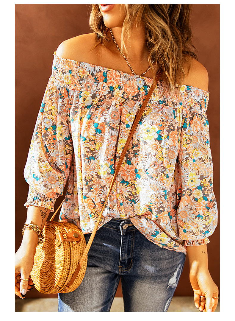 Top de gasa floral de manga larga suelta con cuello de una palabra NSSI118236