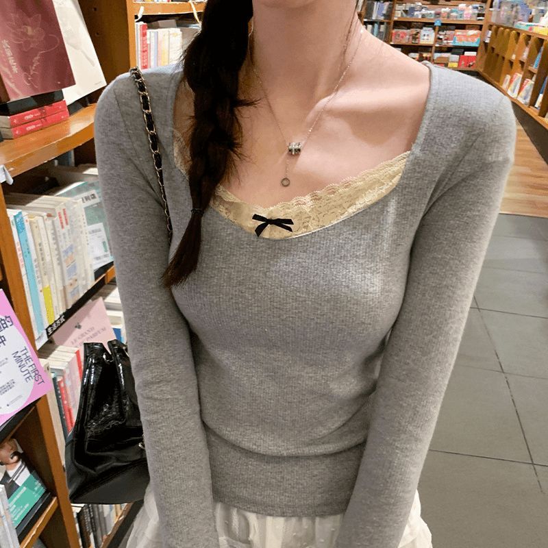 蕾丝长袖t恤女内搭2025春季新款辣妹修身打底小衫外穿绝美上衣服|undefined
