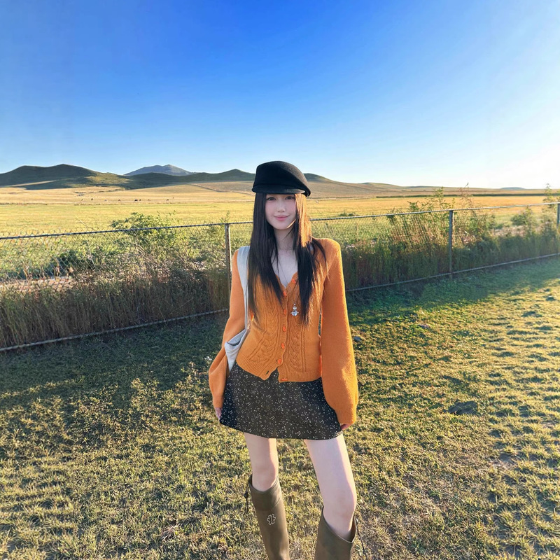 Korean-Style Stunning Early Spring Tops, Hollow-Out Cardigans, Orange Knit Sweaters, Chic Slim-Fit V-Neck Base Layers for Women