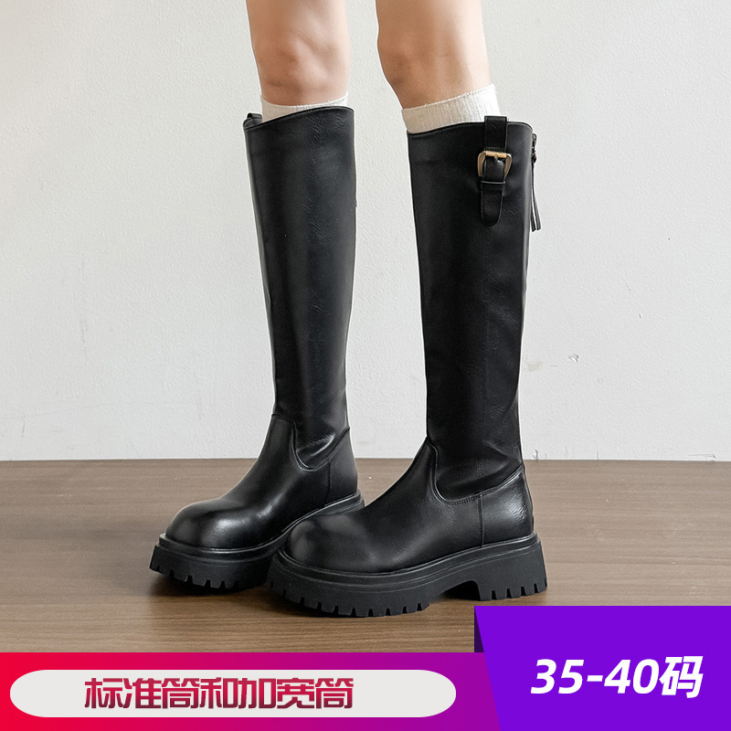不过膝长靴女长筒靴25秋冬新款后拉链圆头跟高筒骑士靴女