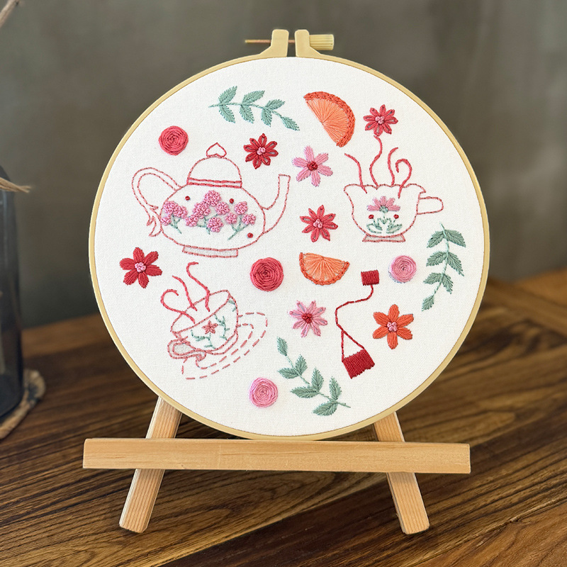 Lu bordado redondo tiempo de té de la tarde pintura colgante bordada a mano DIY material paquete de dibujos animados impresión infantil pintura colgante de pájaros