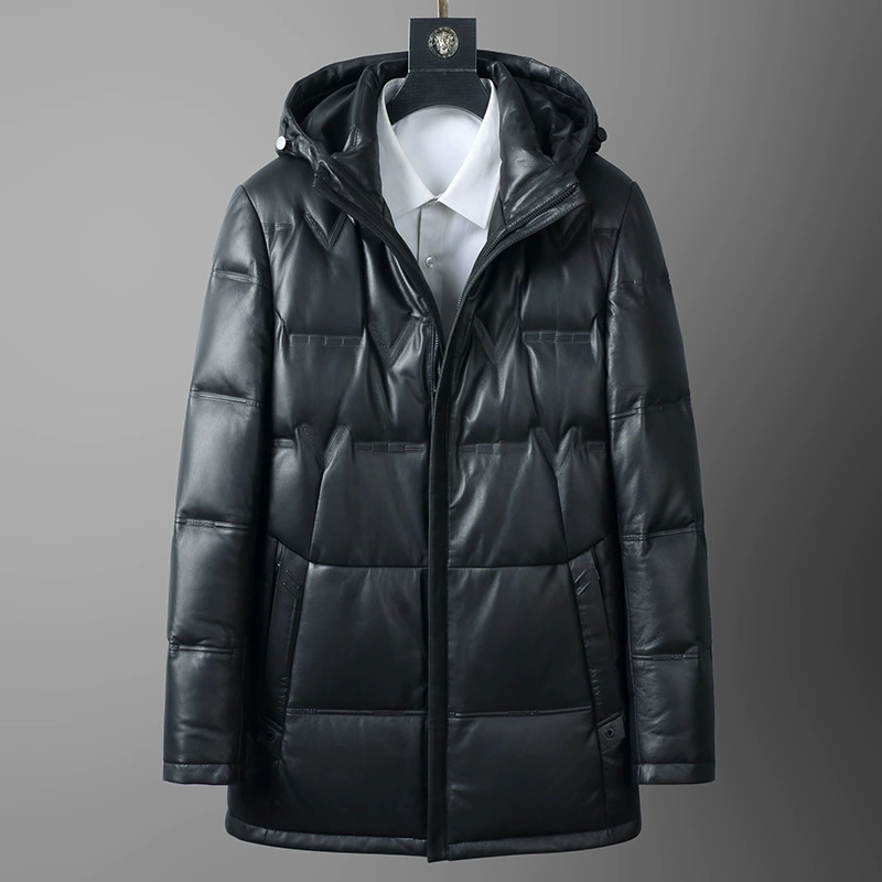 Зимний новый мужской кожаный пуховик из овчины средняя длинная куртка гусиный бархат утолщен теплая кожаная одежда с капюшоном