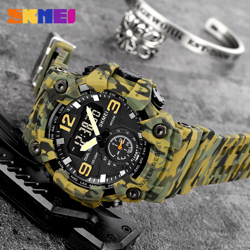 Skmei multifuncional de doble movimiento deportivo reloj electrónico de los hombres de sincronización luminosa reloj de moda 1965