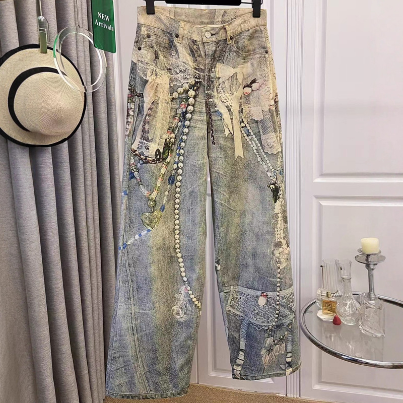 All Three Tags Are Complete! Xu Yinghao's Same Style Ac Lace Pearl Chain 3D Printed Jeans for Women, Designer Straight-Leg Pants