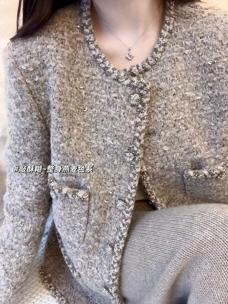 New French-Style Elegant Lady Coat for Women, Gray Petite Short Tweed Autumn Top for Autumn and Winter