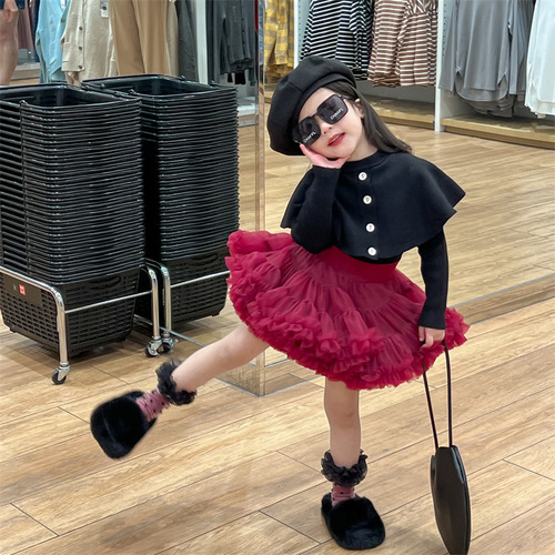  Autumn European and American Style Girls' Dress Princess Black Cape Sweater + Tutu Skirt Two-piece Set, Sold Separately
