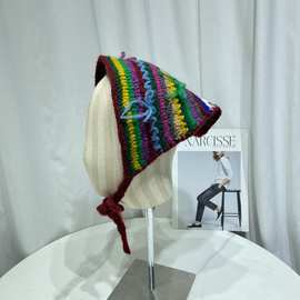 手工钩织法式复古彩色条纹三角巾女洋气复古小领巾蝴蝶结针织发带