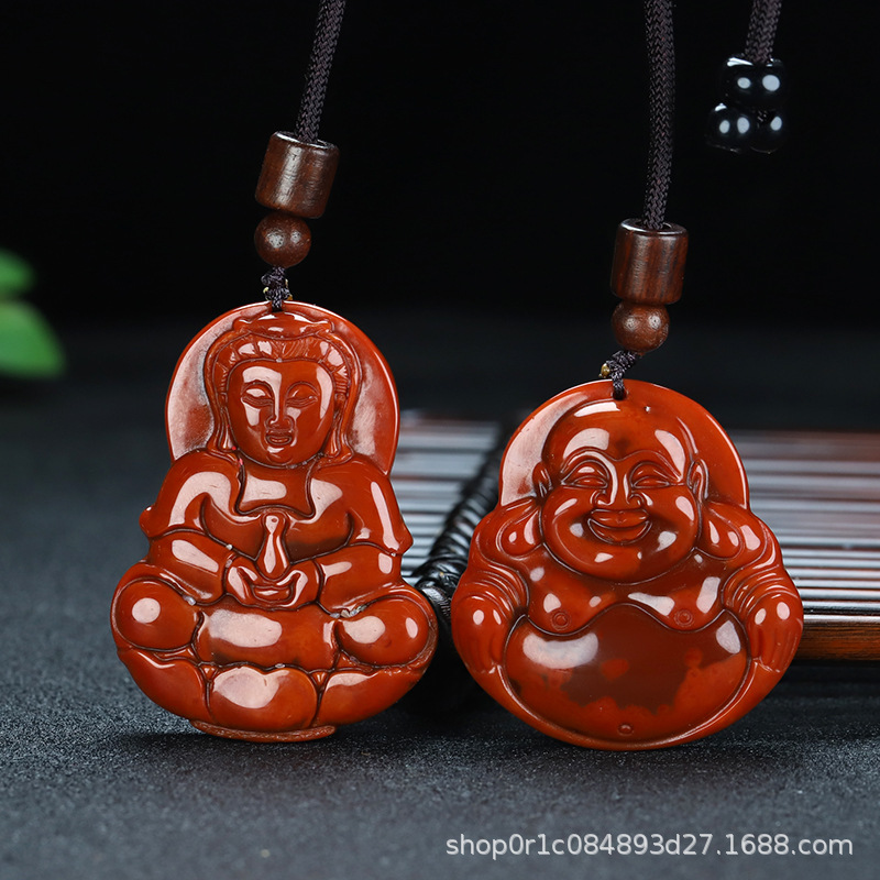 天然四川南红色吊坠弥勒佛观音项链男女饰品柿子红色火焰纹玉佛公