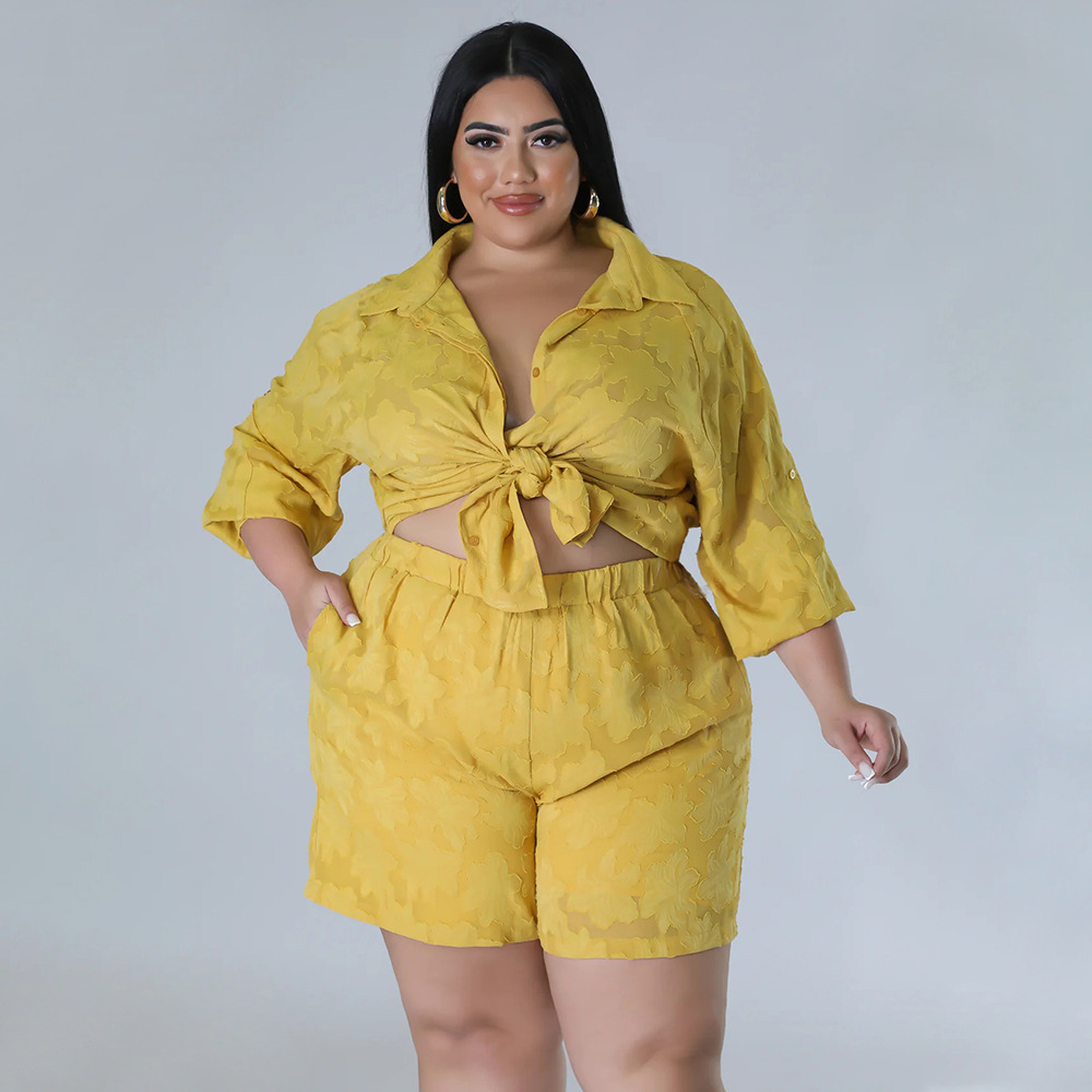 Spring Summer Women's Chiffon Jacquard Clothing Set Hollowed out Top And Shorts_ecoleips.com