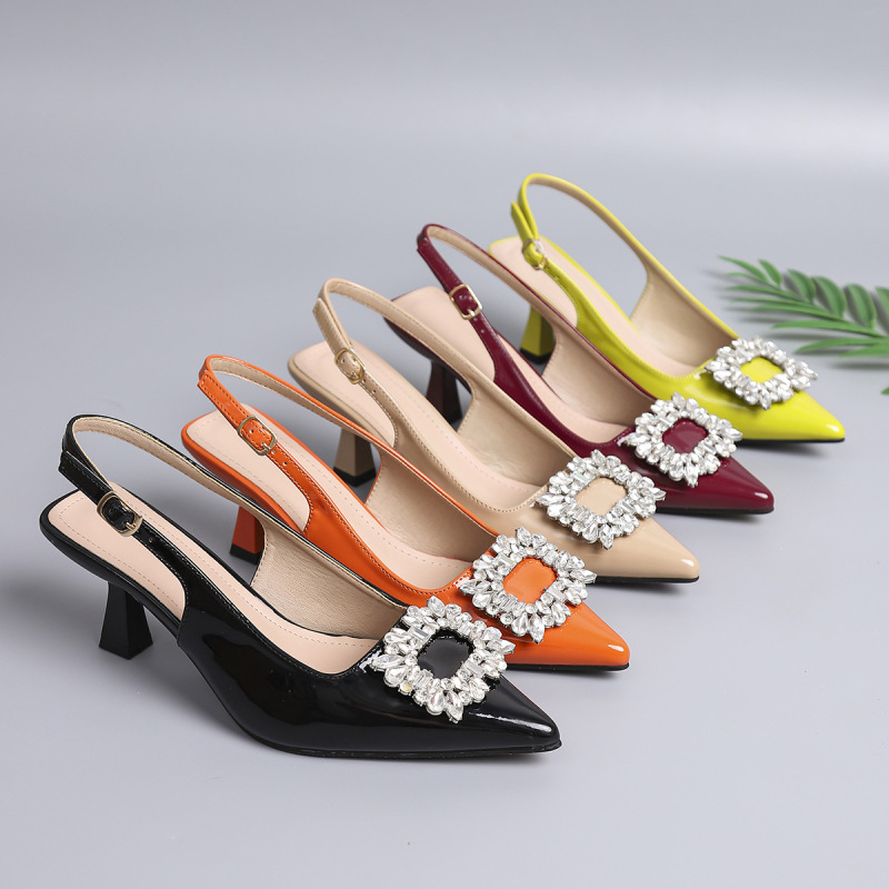2025 New Women's Fashion Rhinestone Square Buckle Pointed Toe Slingback High Heels Commuter Style Elegant Shoes Wine Glass Heel