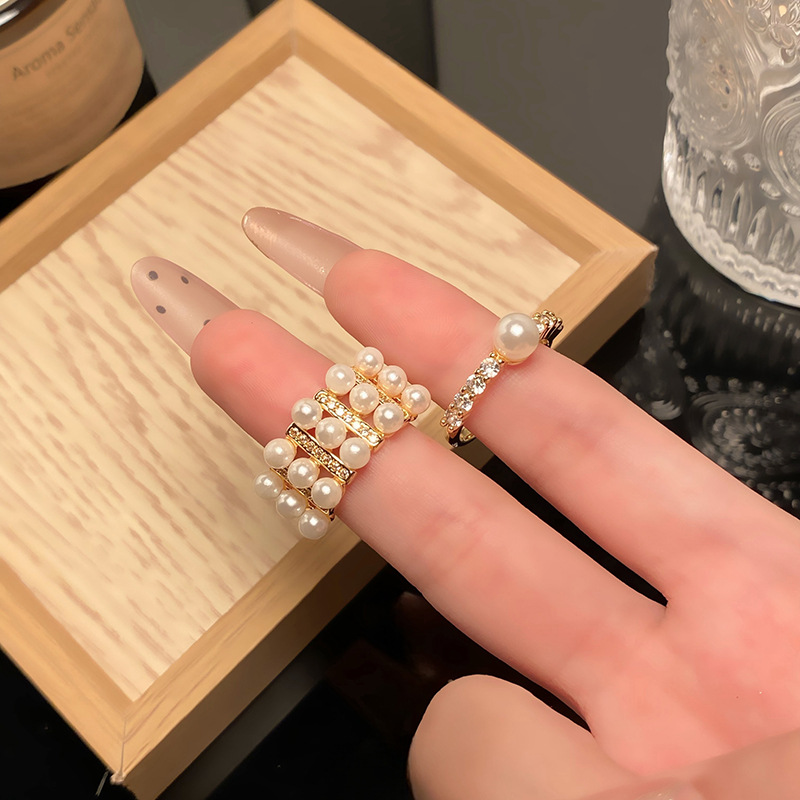 復古奢華三排珍珠鋯石開口戒指女小眾宮廷風氣質法式精美指環配飾