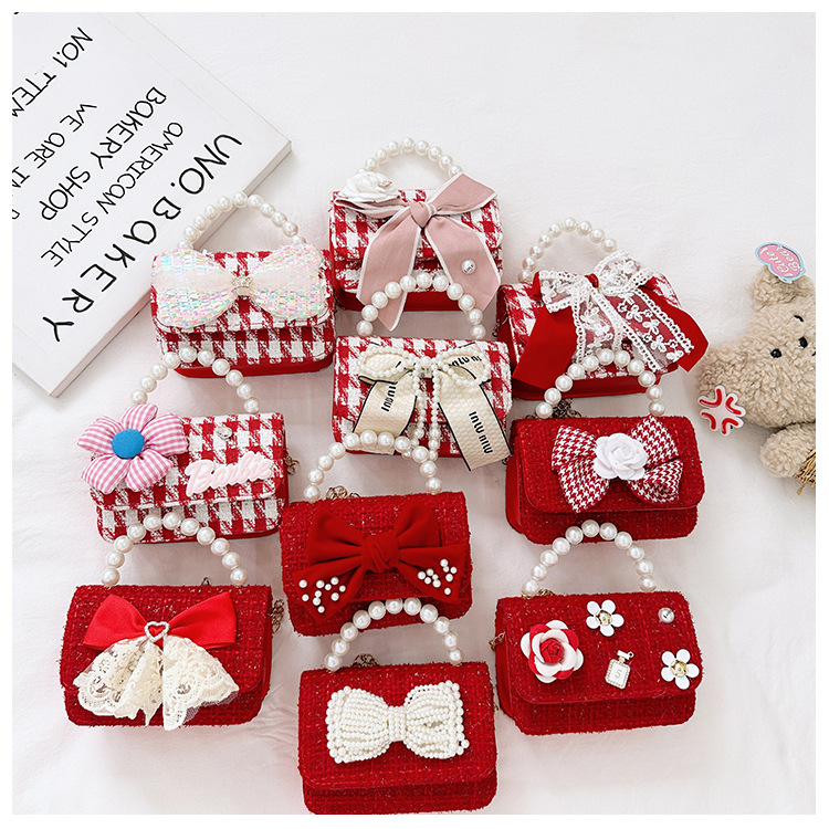 Women's Cotton And Linen Plaid Cherry Bow Knot Cute Beading Pearls Shell Flip Cover Crossbody Bag display picture 18