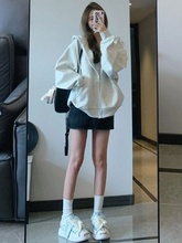 美式灰白色卫衣女秋季薄款oversize复古连帽外套宽松慵懒开衫上衣