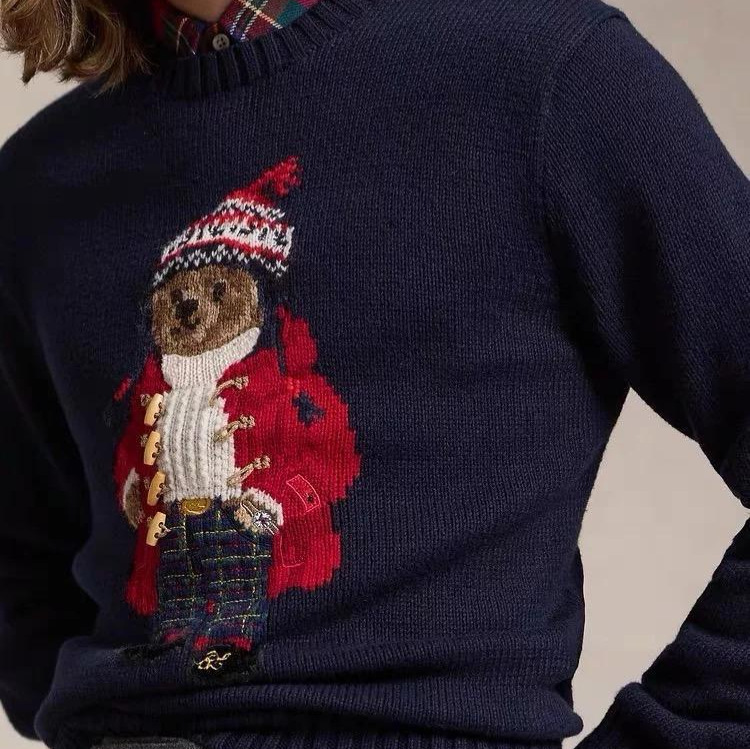 Rl Christmas Hat Little Bear Autumn/Winter New Pure Cotton Heavy Cartoon Crew Neck College Casual Versatile Sweater for Women