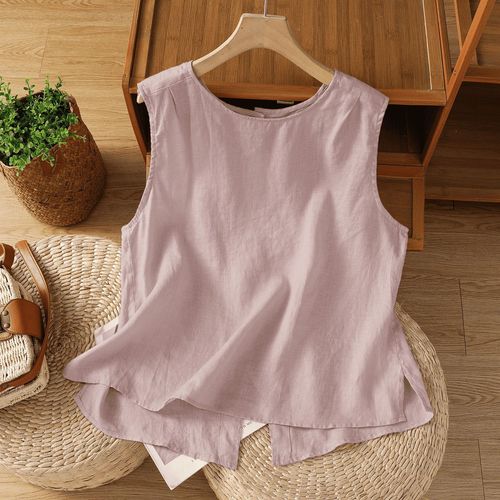 Cotton and linen simple style sleeveless women's summer V-neck top with single button, two-way design, suitable for wearing casually.