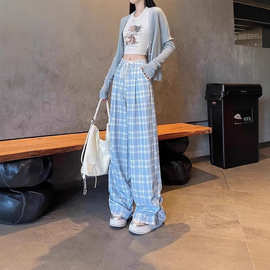 韩版蓝格子阔腿裤女2025春秋新款慵懒宽松超好看蕾丝花边拖地裤子