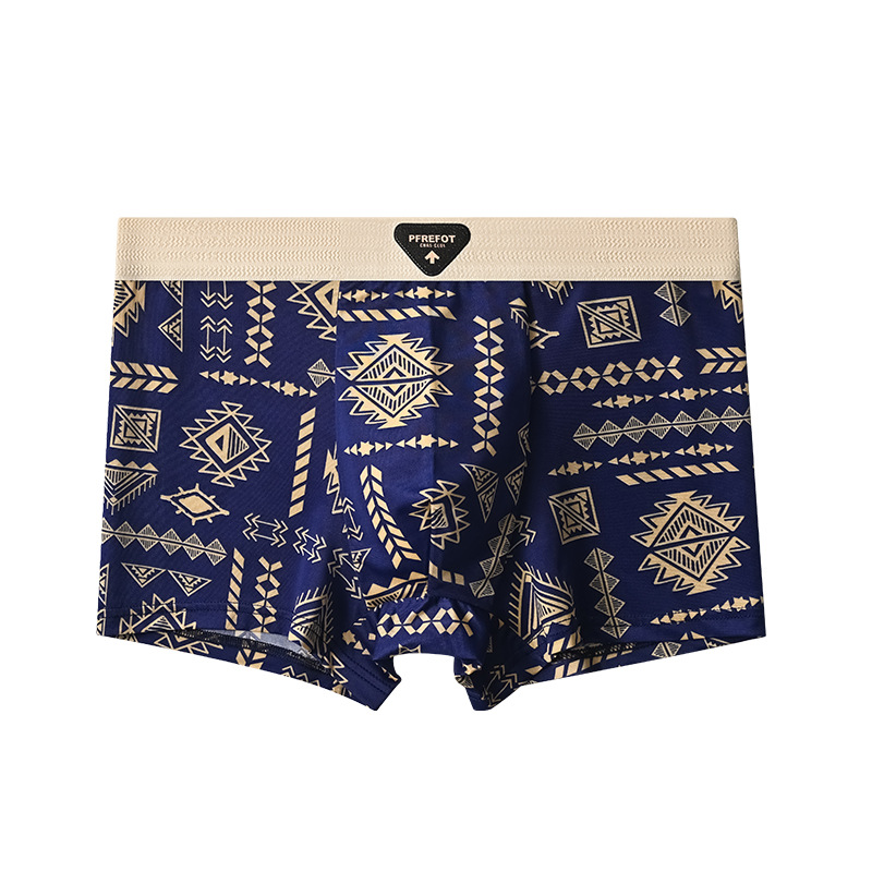 Ropa interior de seda de hielo para hombre, pantalones bóxer finos retro de verano, cintura media, estilo étnico, pantalones bóxer para niños, pantalones estampados