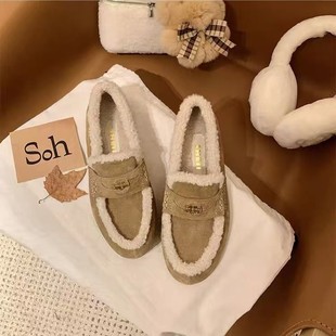 Internet celebrity Su Yinyin's same style Zuli Xiaoxue warm plus velvet lazy flat furry gold coin loafers women's cotton single shoes